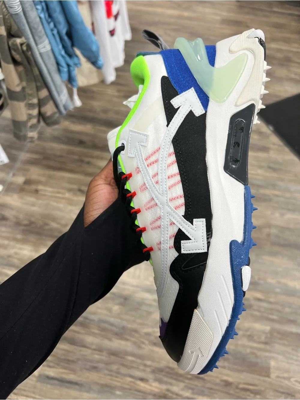 Off-White Style Multi-Color Sneaker with Neon Green Collar